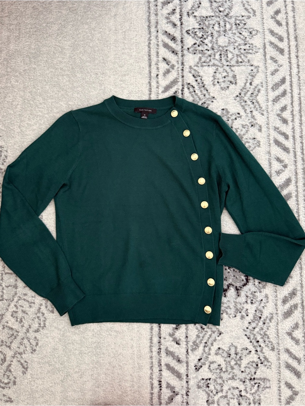 Ann Taylor Forest Green Gold Button Sweater